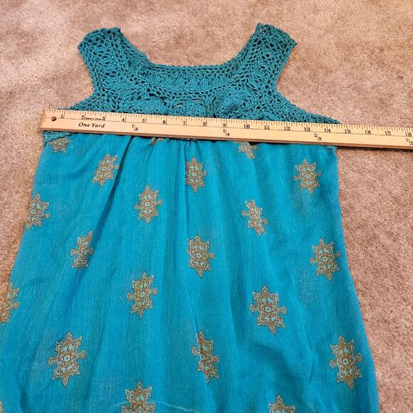 L8ter Size Small S Boho Tunic Top Blouse Crochet blue Orange Brown Sheer Indie - Picture 7 of 7